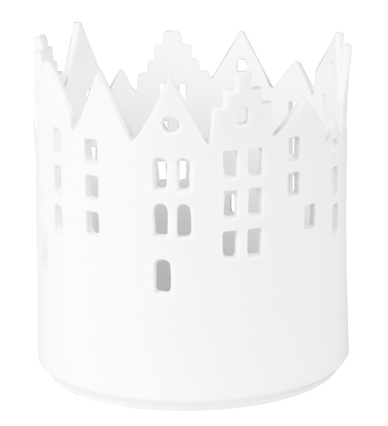 Weißes Räder Lichthaus aus Porzellan mit ausgestanzten Häusern, Teil des Zuhause Lichthaus Sortiments.