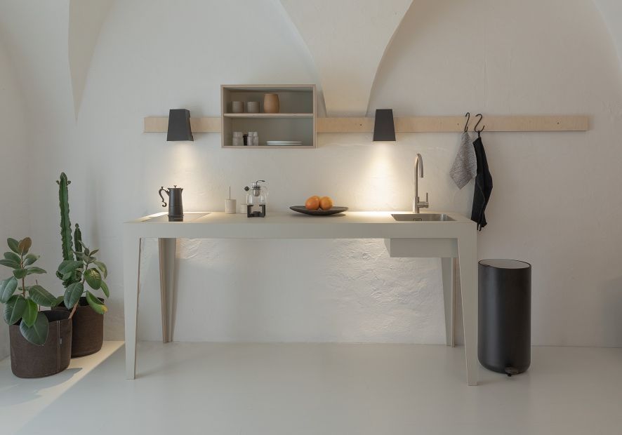 Helle Küche mit Spüle, Armatur, Mülleimer und Pflanzen. Minimalistisches Design für modernes Wohnen.