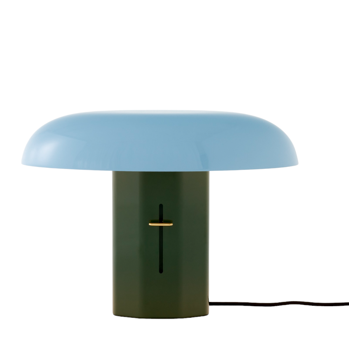 Montera JH42 Tischleuchte von AndTradition: Blaue Pilz-Tischlampe mit grünem Fuß und goldenem Detail.