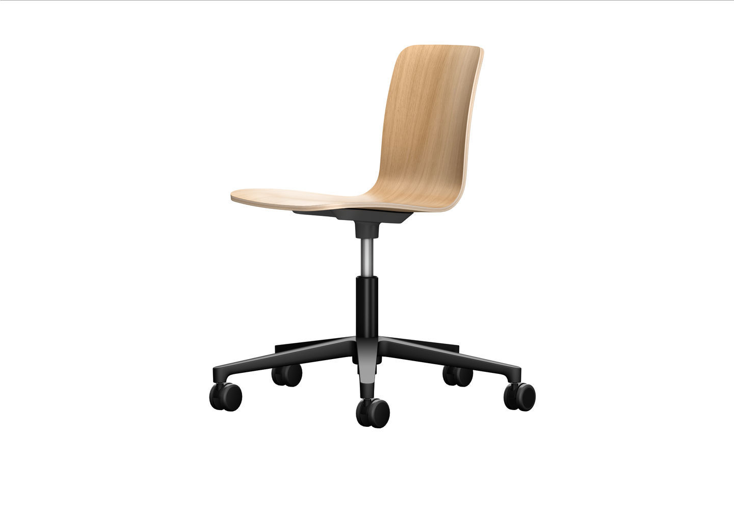 Vitra Hal Ply Studio Drehstuhl mit Holzschale und schwarzem Drehfuß auf Rollen.