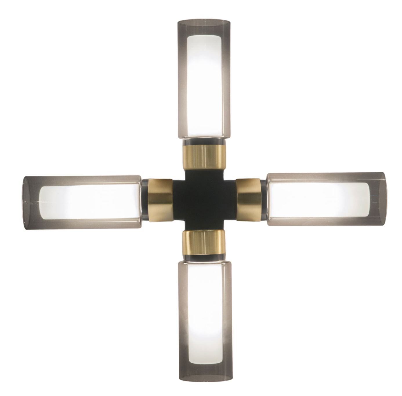 Tooy Osman Deckenleuchte mit vier zylindrischen Lampenschirmen aus Glas und Messingdetails.