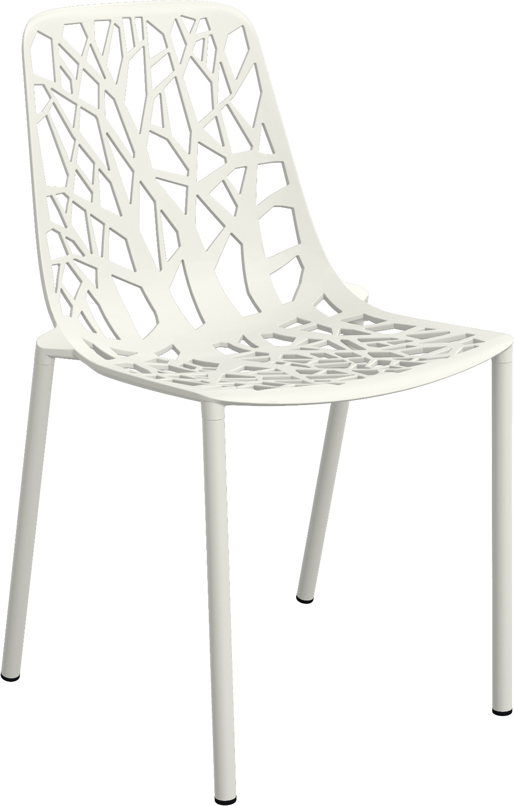 Weißer Forest Outdoor Stuhl mit filigranem, baumartigen Muster für Garten und Terrasse.