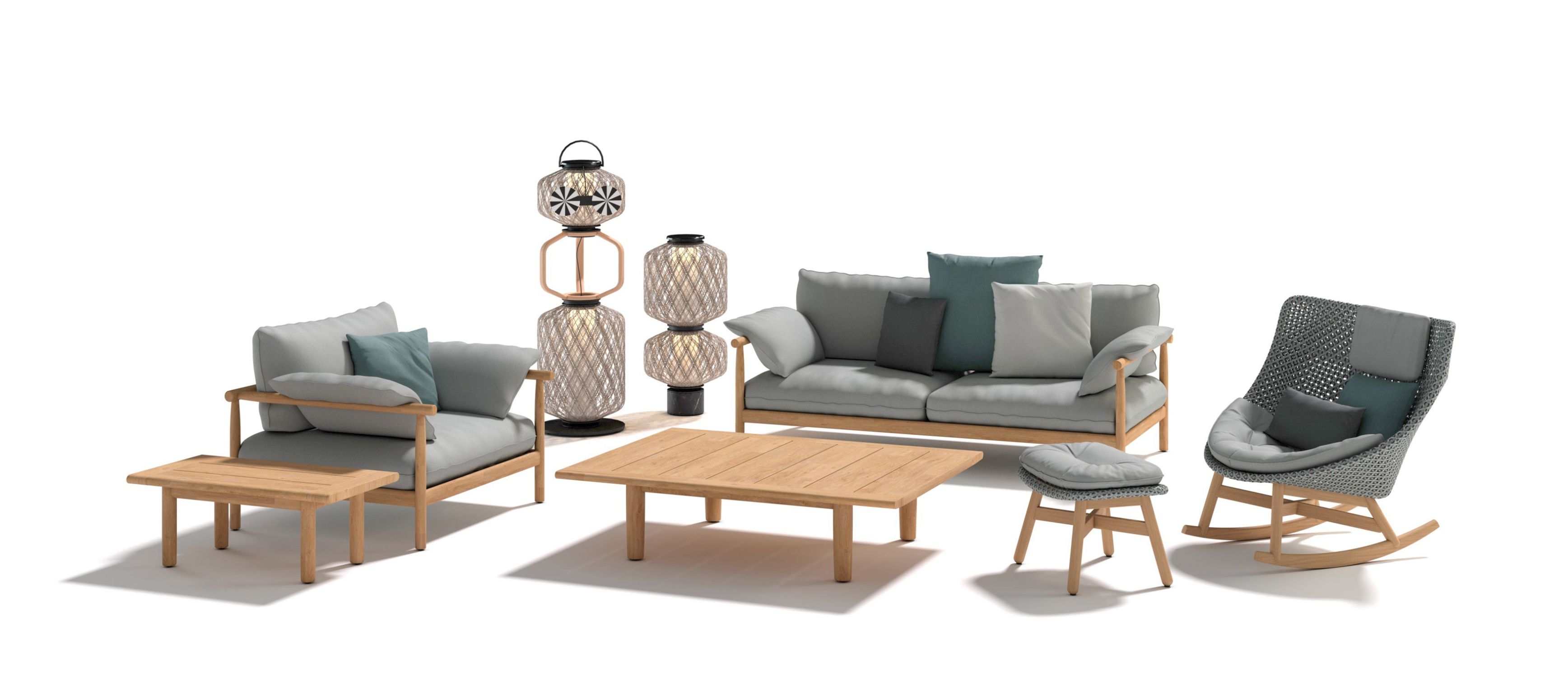 Dedon Tibbo Setting 01 Gartenmöbel-Set mit Sofa, Sessel, Schaukelstuhl, Beistelltisch, Couchtisch und Outdoor-Lampen.