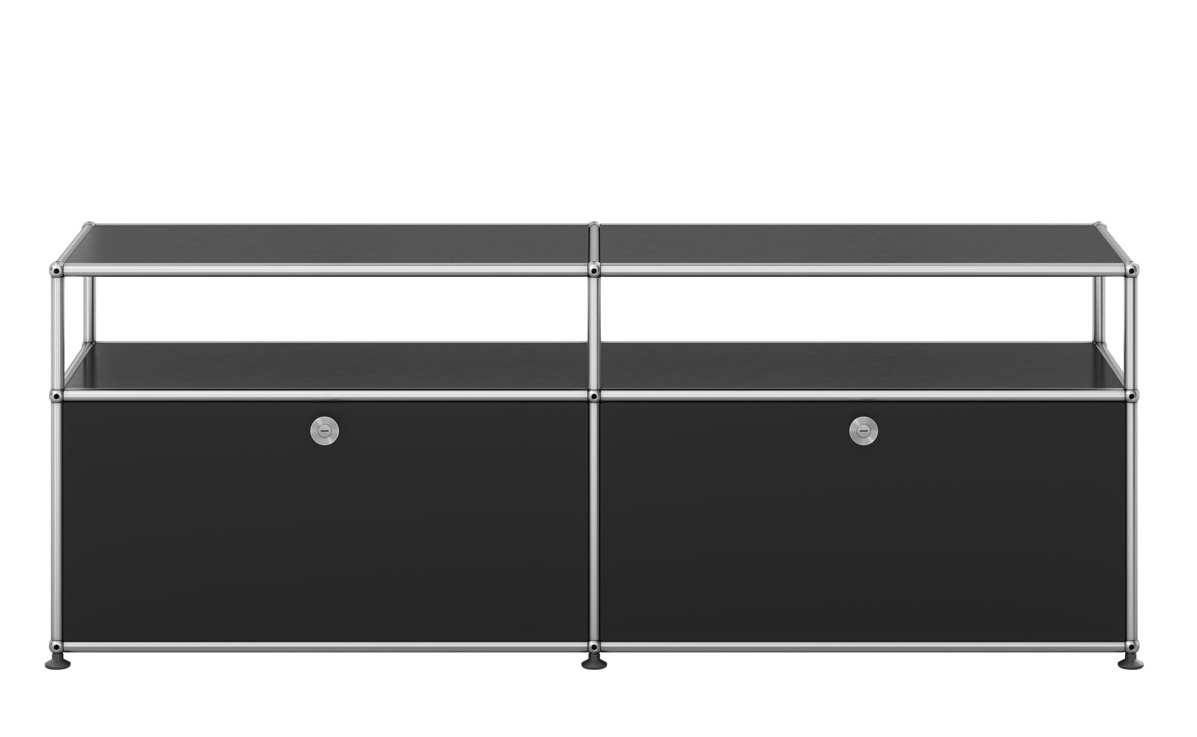 USM Haller Sideboard in Graphitschwarz mit zwei Schubladen und offenen Fächern für TV- und Hi-Fi-Geräte.