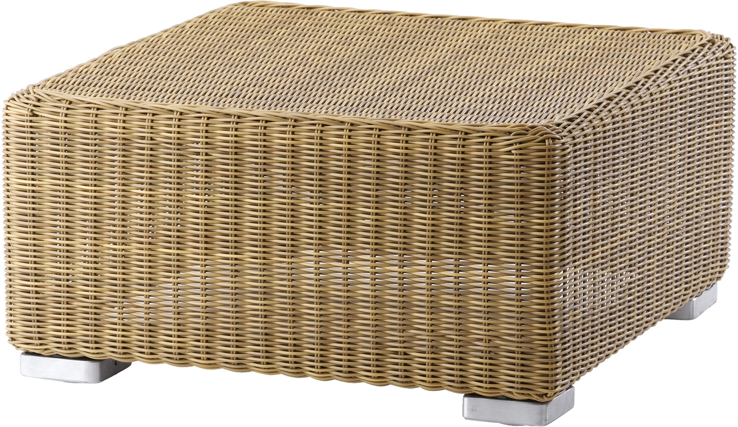 Chester Hocker von Cane-Line: Quadratischer Couchtisch aus Rattan mit silbernen Füßen für den Außenbereich.