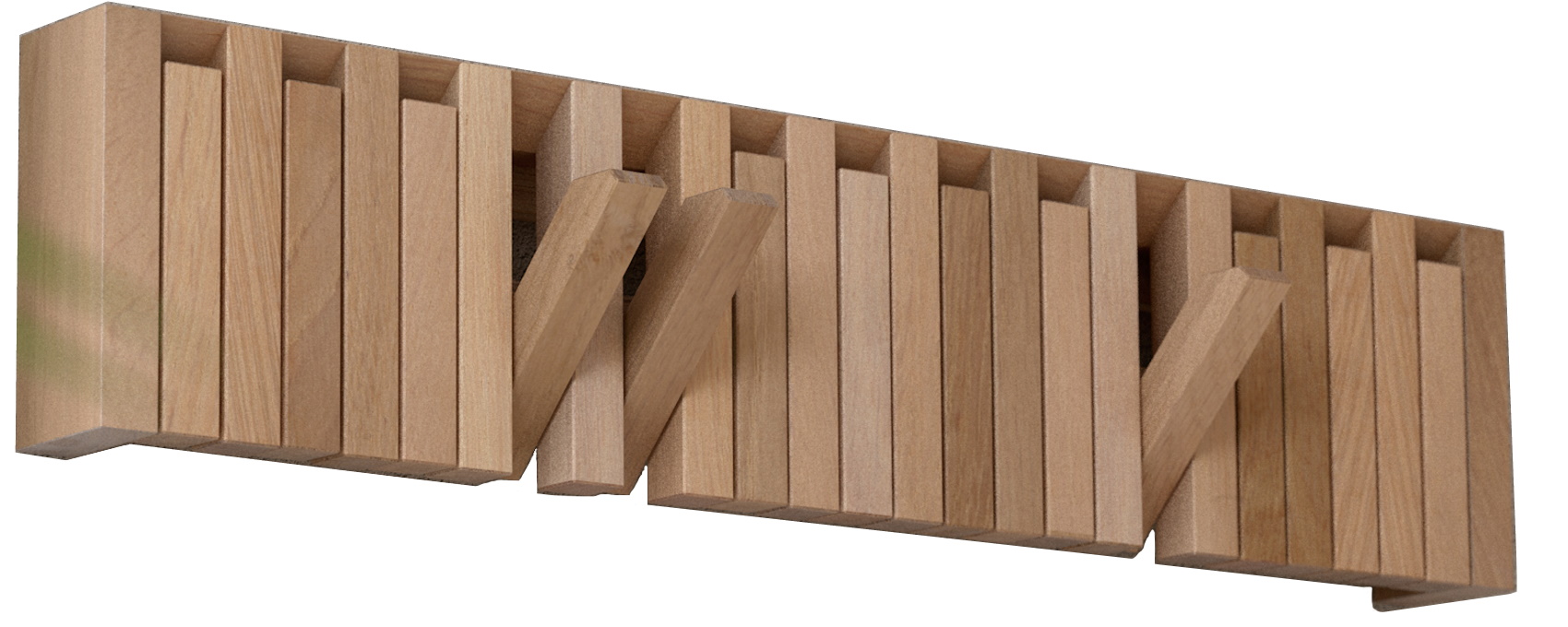 XYLO Wandgarderobe aus hellem Holz mit ausklappbaren Haken, moderne Garderobenleiste für Flur und Diele.