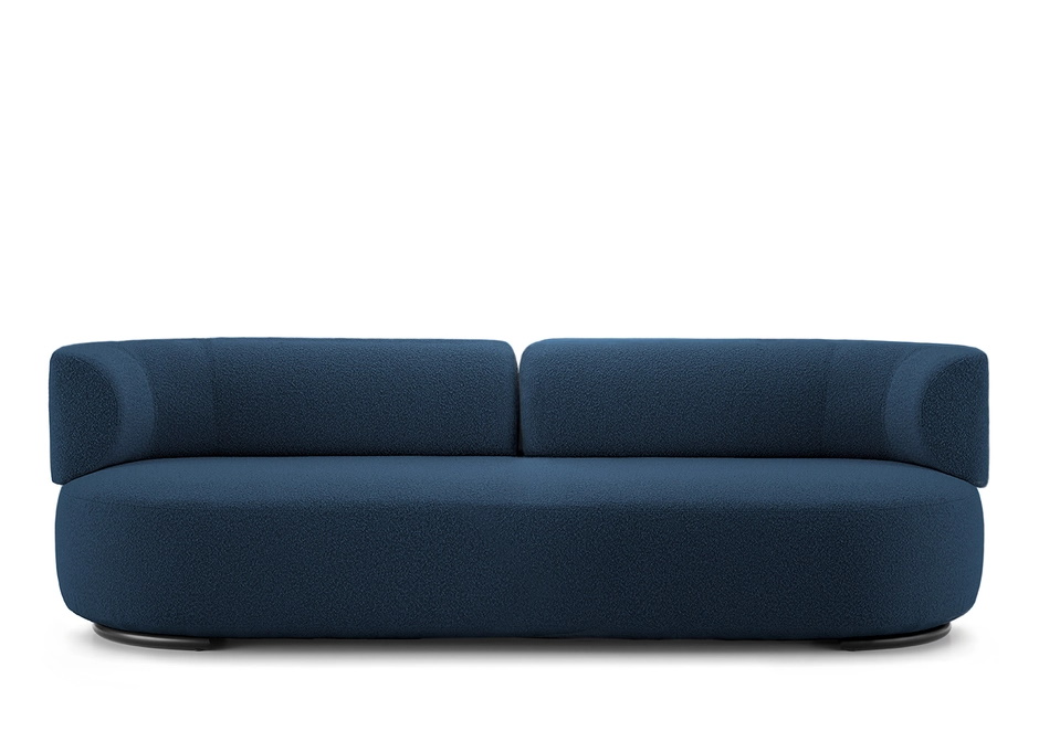 Blaues K-Wait Sofa von Kartell mit Bouclé-Bezug. Modernes Design für Wohnzimmer und Lounge.