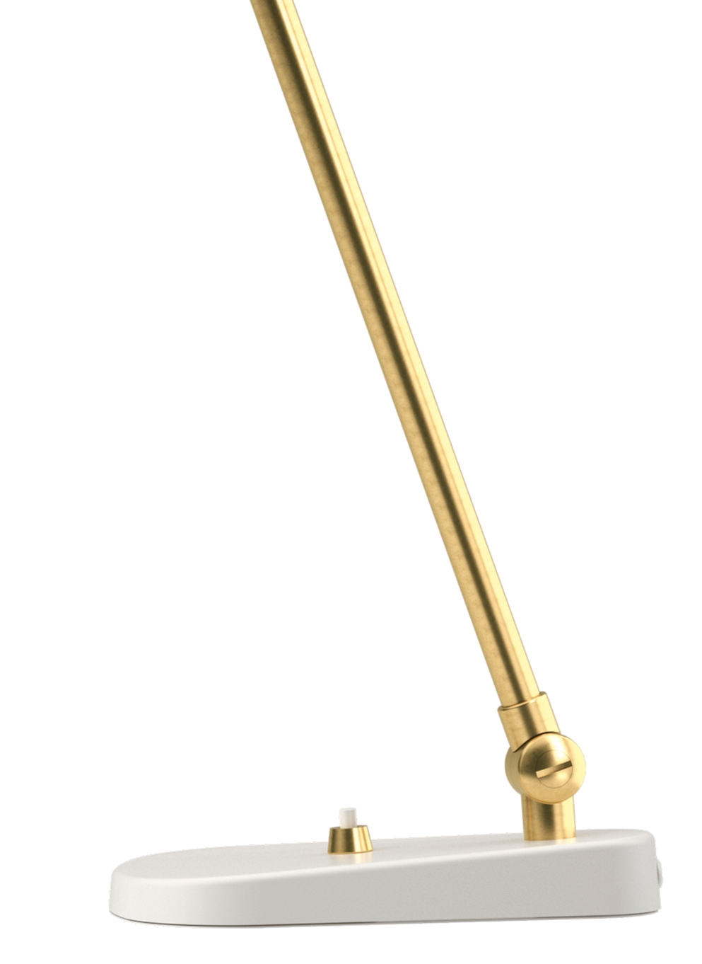 Detailaufnahme der VL38 Tischleuchte von Louis Poulsen: Weißer Fuß und goldener Lampenarm.