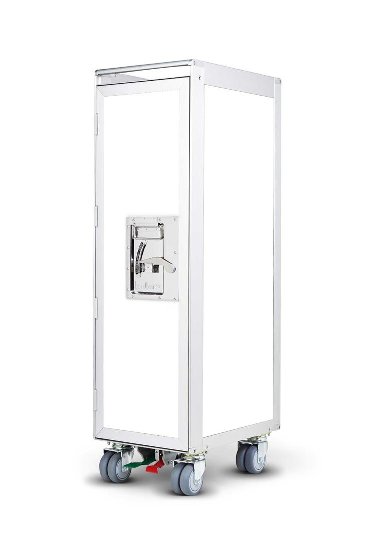 Weißer Flugzeugtrolley von Onecolor, eine Bordbar mit Tür, Griff und Rollen für den Transport.