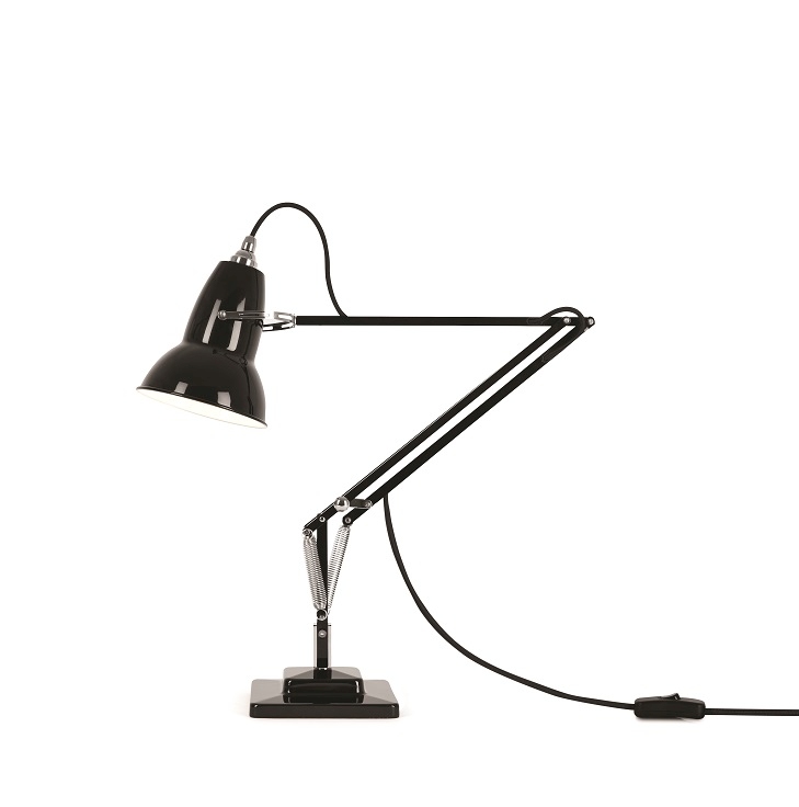 Schwarze Anglepoise Original 1227 Tischleuchte: Klassische Schreibtischlampe mit verstellbarem Arm und ikonischem Design.