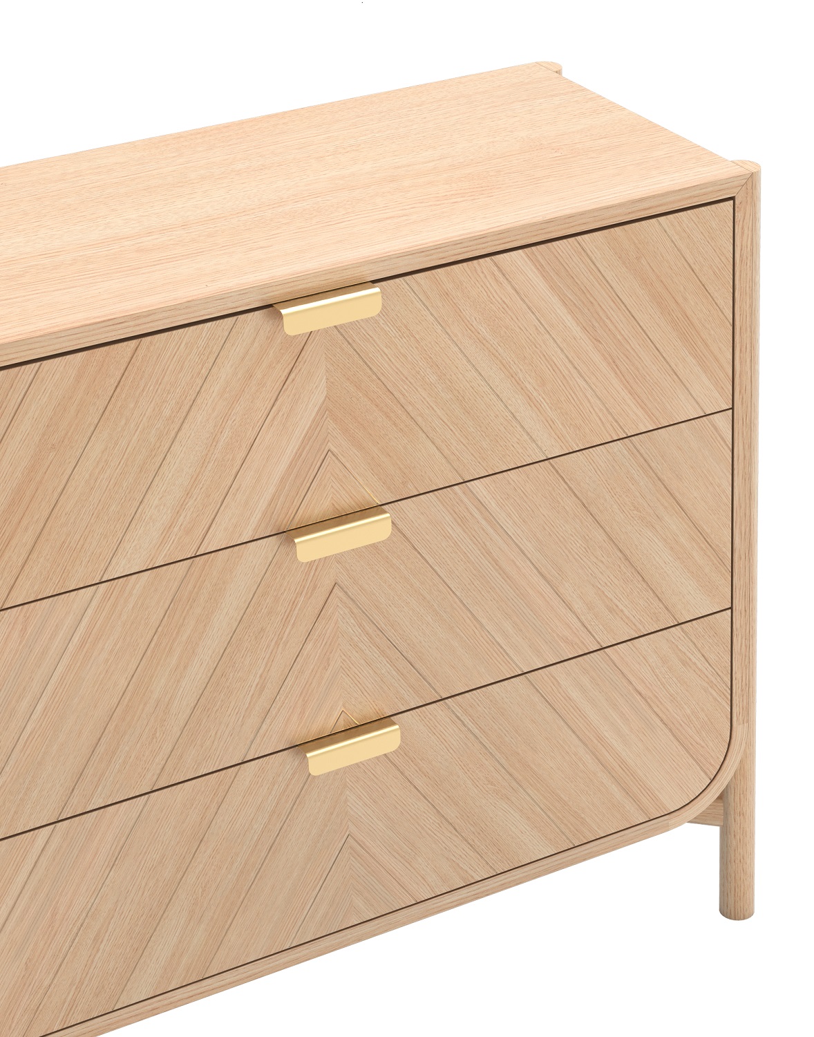 Marius Kommode von Hartô aus Eiche natur mit drei Schubladen und goldenen Griffen.