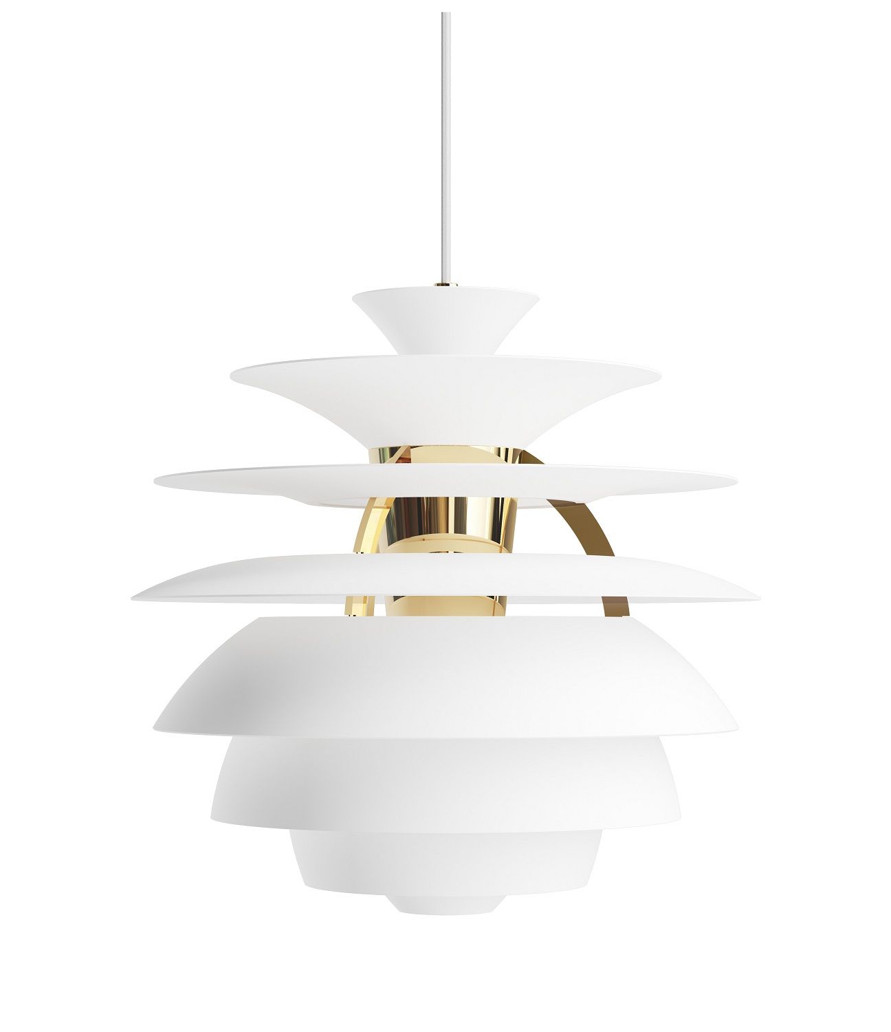 Weiße PH Snowball Pendelleuchte von Louis Poulsen mit goldenen Akzenten, moderne Hängelampe für Wohnzimmer.