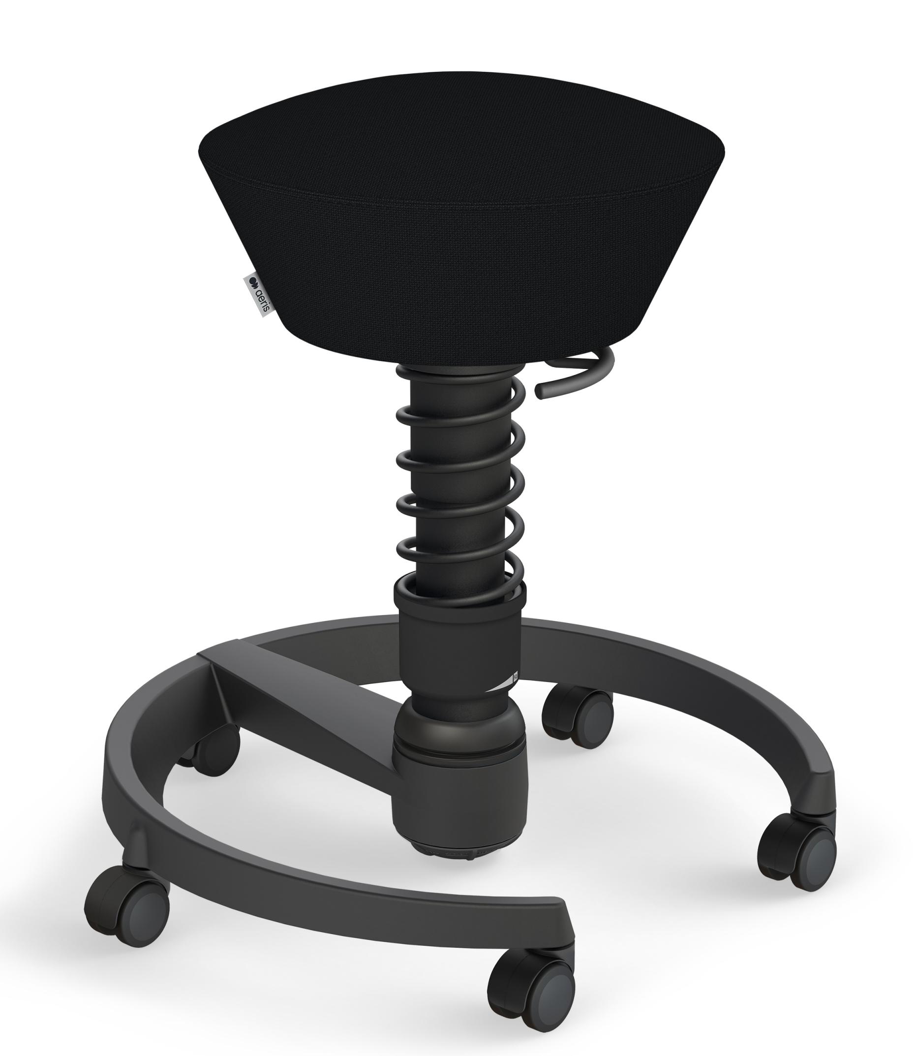 Schwarzer Swopper Hocker von Aeris mit Rollen. Ergonomischer Bürohocker für aktives Sitzen.
