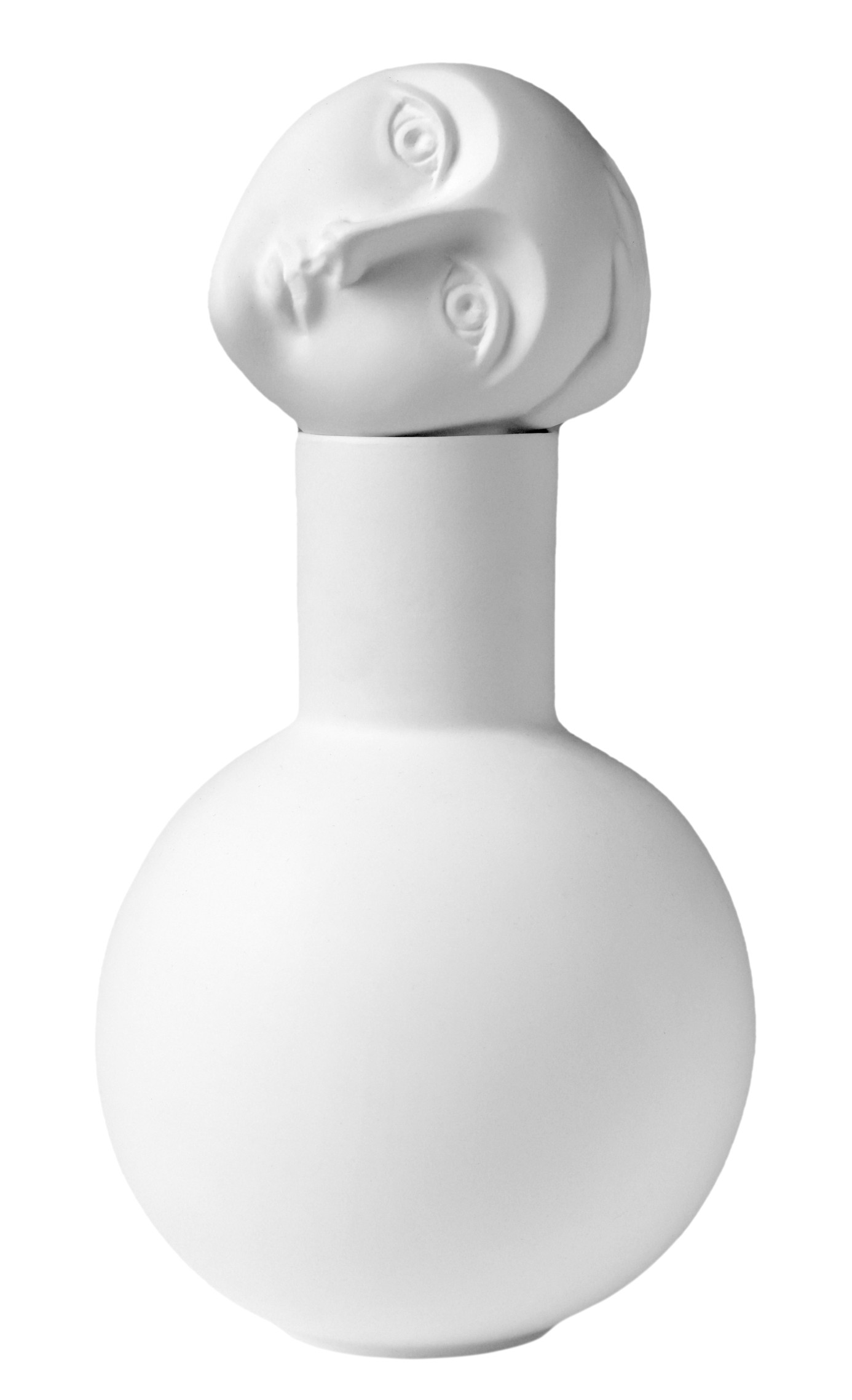 Weiße Luna Vase mit Gesicht als Deckel, moderne Deko für Wohnzimmer und Tisch.