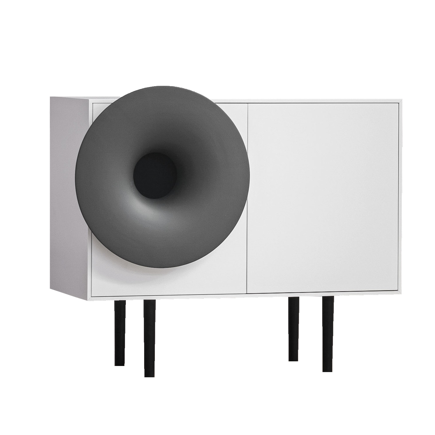 Weiße Caruso Anrichte von Miniforms mit grauer Trompete. Modernes Sideboard für Wohnzimmer und Esszimmer.