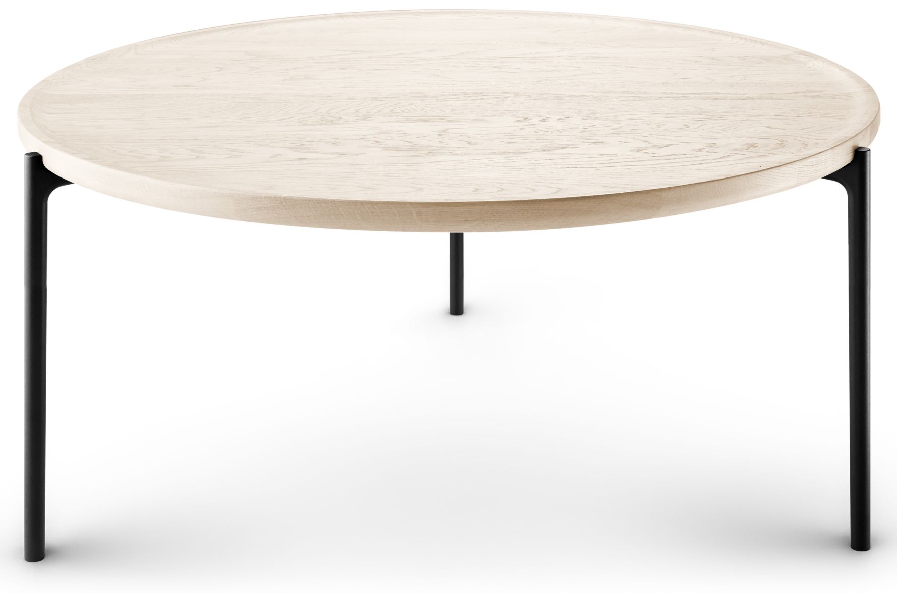 Savoye Tisch: Runder Couchtisch aus Eiche mit weißer Tischplatte und schwarzen Metallbeinen.