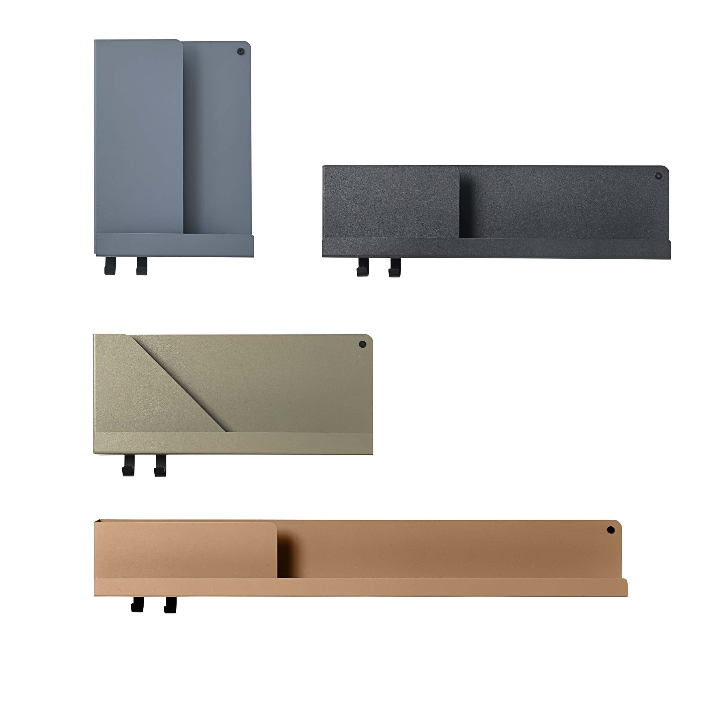Muuto Folded Shelves Regal in verschiedenen Farben und Ansichten, modernes Wandregal Design.