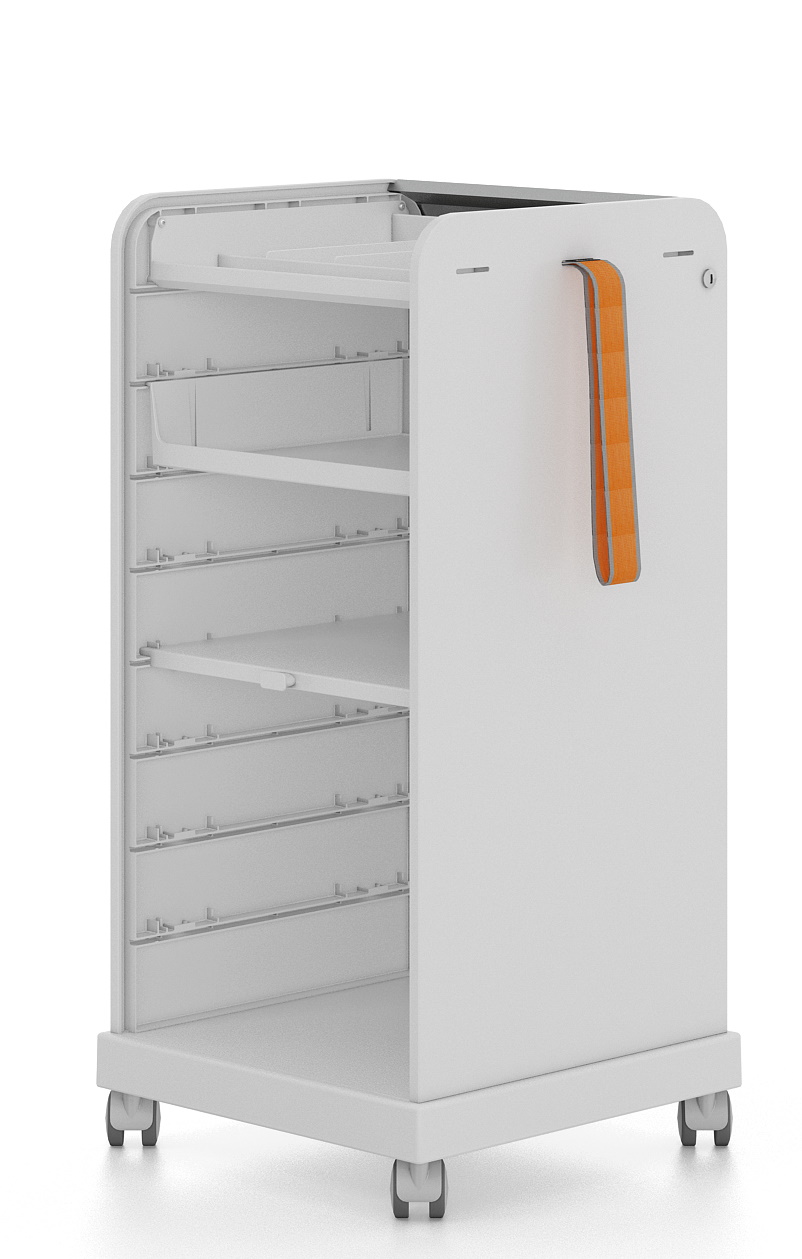 Weißer Vitra Rollcontainer Follow Me 2 mit Griff und mehreren Ablagefächern.