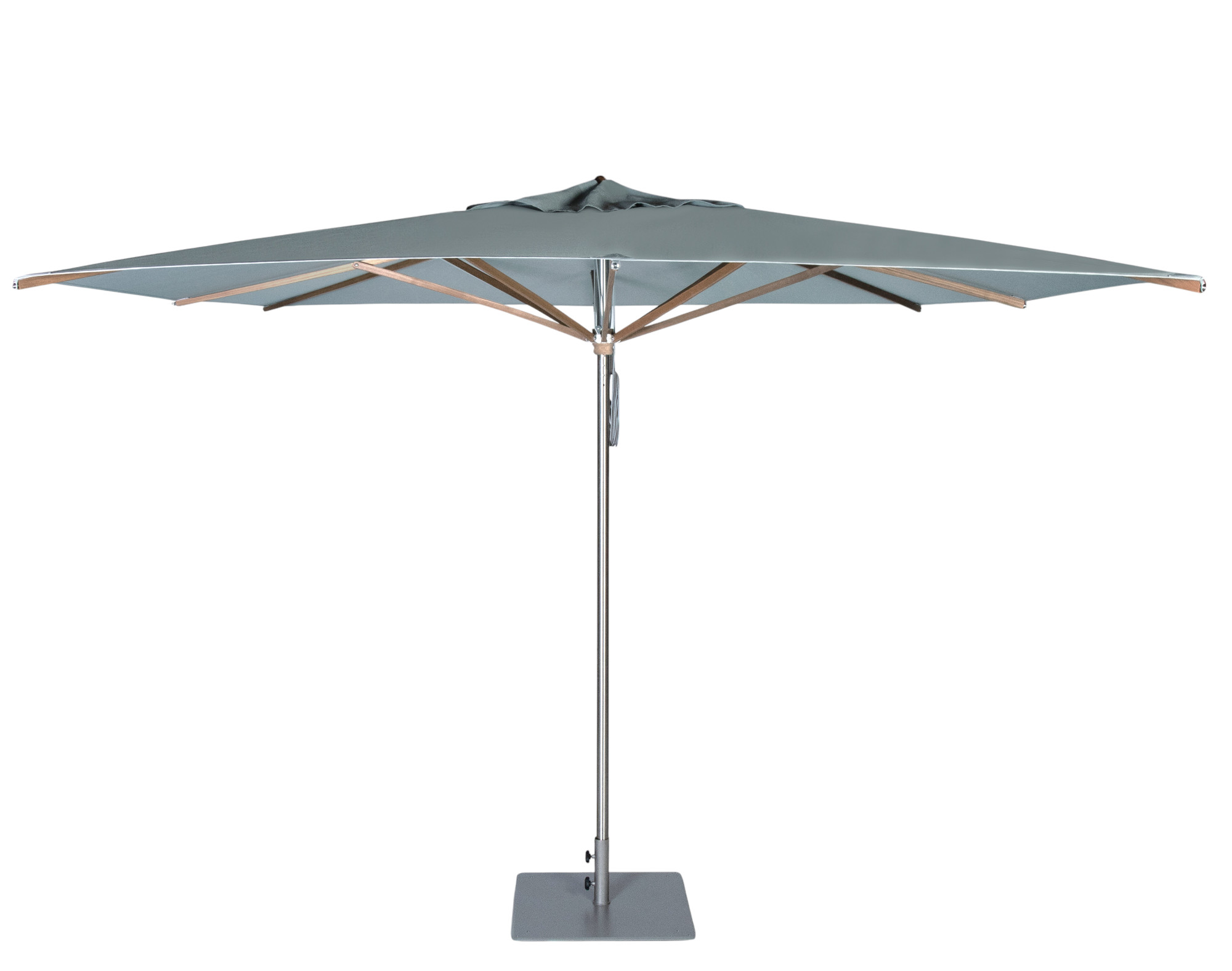 Weishäupl Sonnenschirm Trend, quadratisch, grauer Bezug, Holzgestell und silberfarbener Ständer für den Garten.