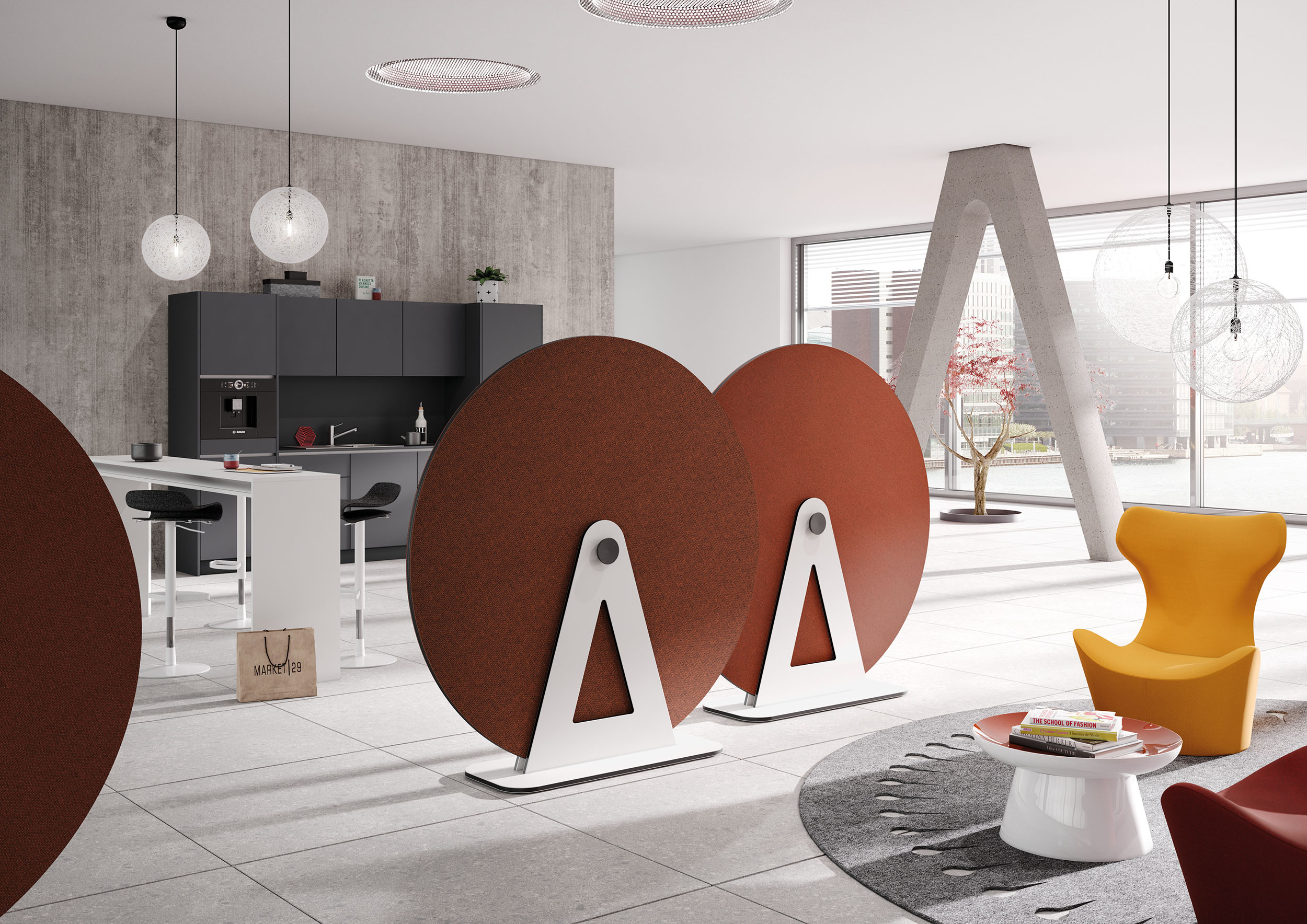 Akustik-Scheiben Terio Plus von Palmberg in modernem Büro, braune Schallabsorber mit weißem Dreiecksfuß.