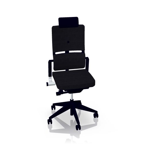 Schwarzer Please Bürostuhl von Steelcase mit Kopfstütze, ergonomisch und verstellbar für optimalen Sitzkomfort.