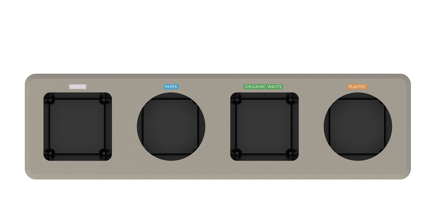 Dunk 4 Abfalltrennsystem für Restmüll, Papier, Biomüll und Plastik, Ansicht von oben.