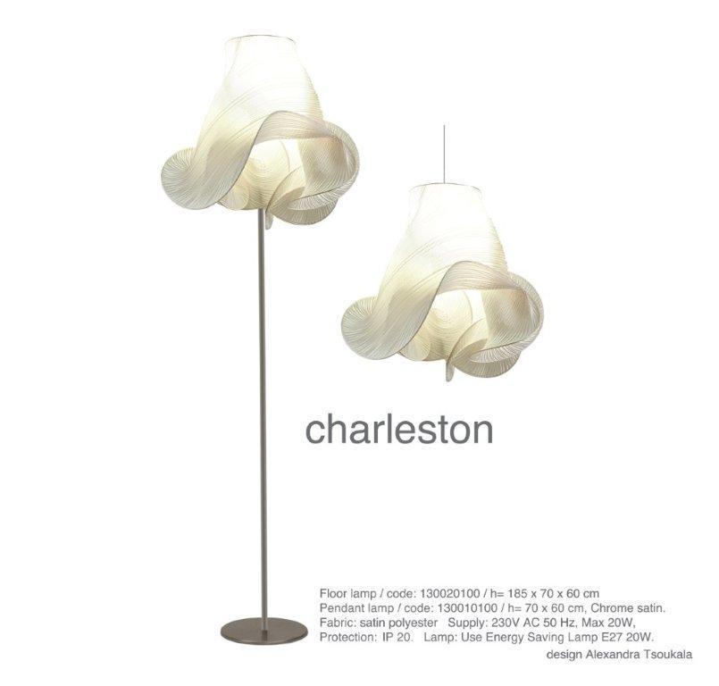 Charleston Pendelleuchte: Moderne Hängelampe und Stehlampe mit weißem, gewelltem Lampenschirm aus Textil.