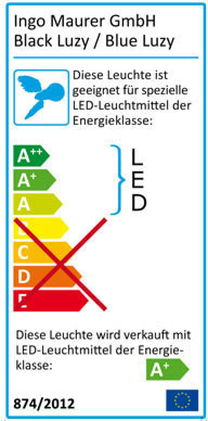 Energielabel der Blue Luzy Leuchte von Ingo Maurer mit Energieeffizienzklasse A+.