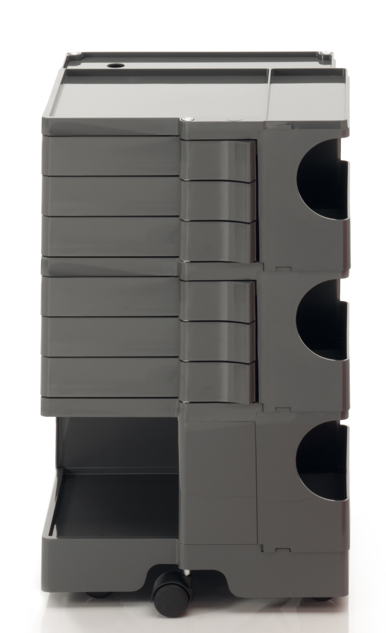 Grauer Boby Rollcontainer mit Schubladen und Ablagefächern, ideal für Büro und Arbeitszimmer.
