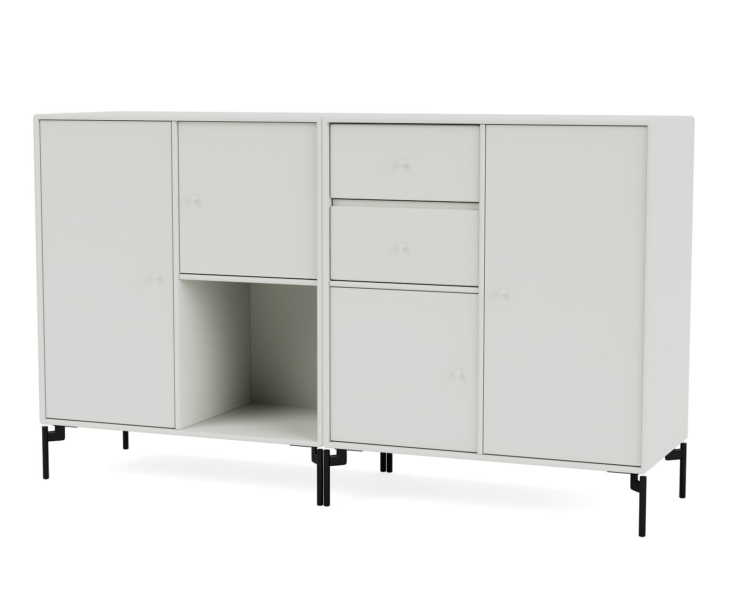 Weißes Couple Sideboard mit schwarzen C-Gestell Füßen, Türen, Schubladen und offenem Fach.