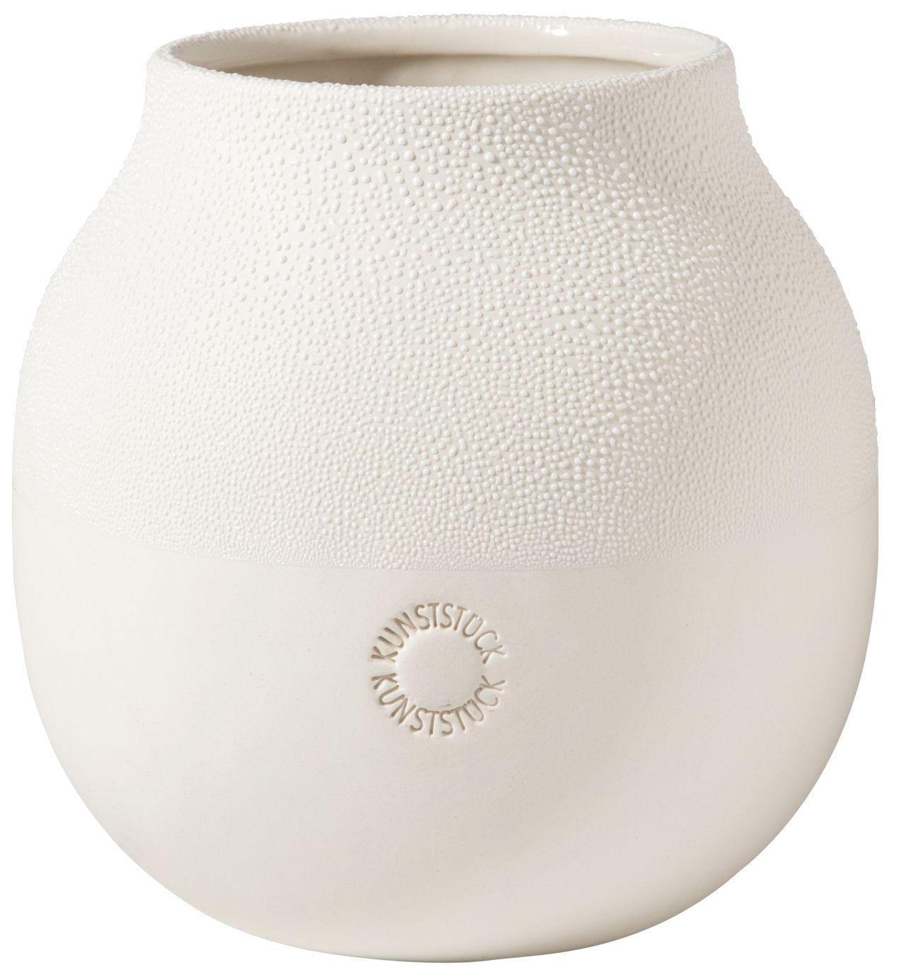 Weiße Perlenvase "Kunststück" von Räder, kleine Blumenvase mit besonderer Oberfläche und Logo.