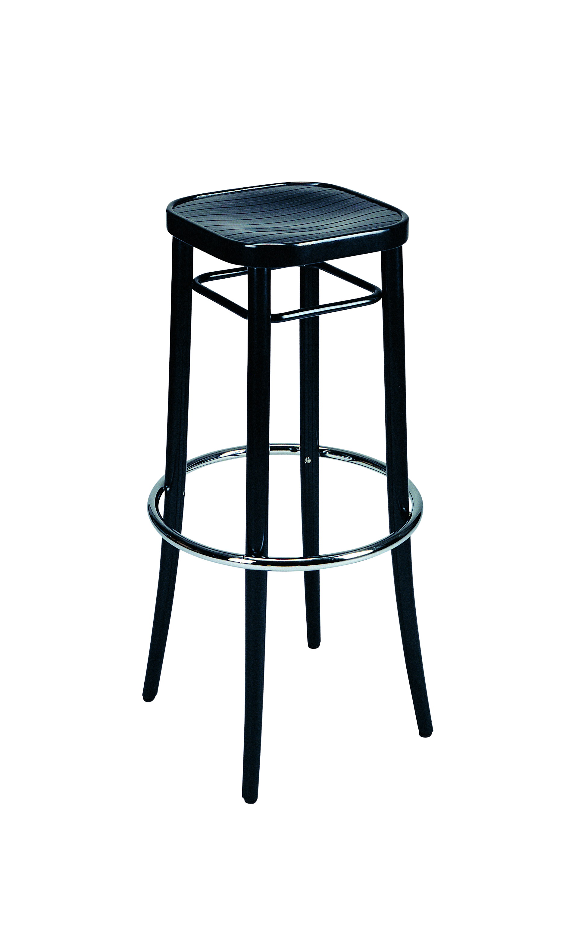 Vienna Barhocker 144 von Wiener GTV Design mit schwarzem Schichtholzsitz und Fußstütze aus Chrom.