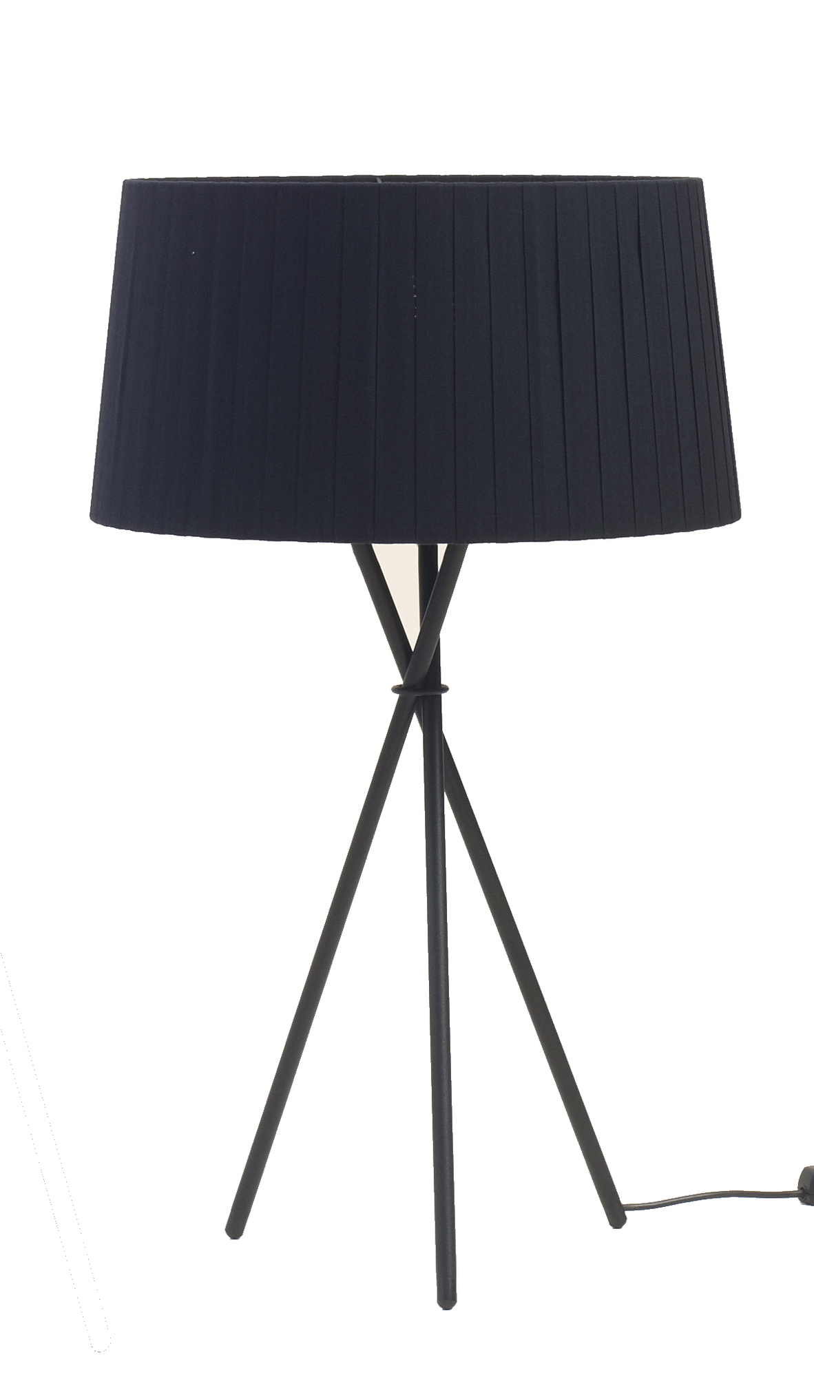 Tripode M3 Tischleuchte Schwarz von Santa & Cole mit plissiertem Lampenschirm und Stativfuß.