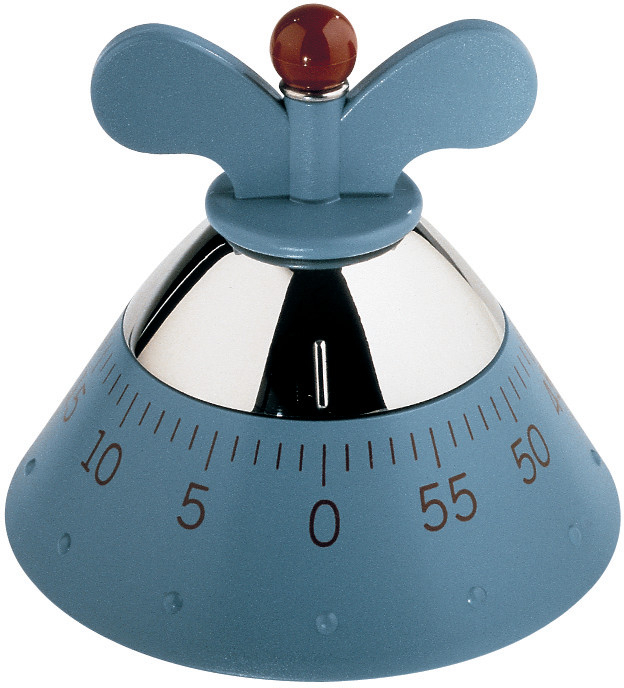 Hellblaue Alessi Küchenuhr/Küchenwecker mit Drehknopf und Edelstahl-Elementen. Präzise Zeitmessung für Kochen und Backen.