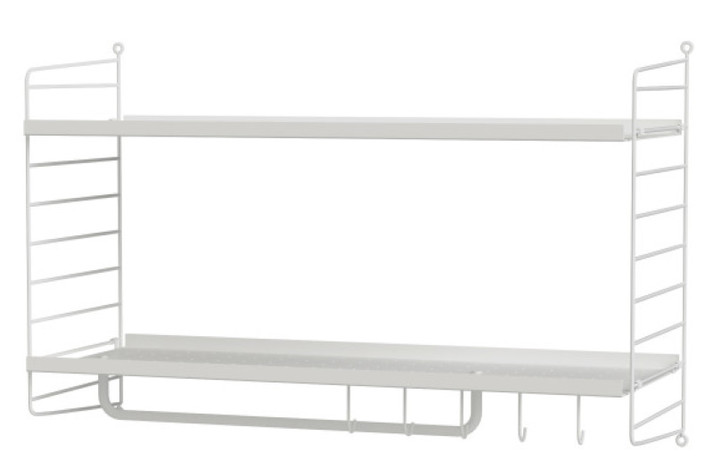 Weißes String Regal mit zwei Böden und Hakenleiste für Flur oder Küche.