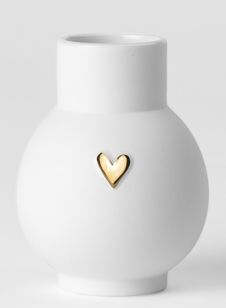 Weiße Kugelvase mit goldenem Herz, Mini-Vase für Blumen, dekorative Keramikvase.