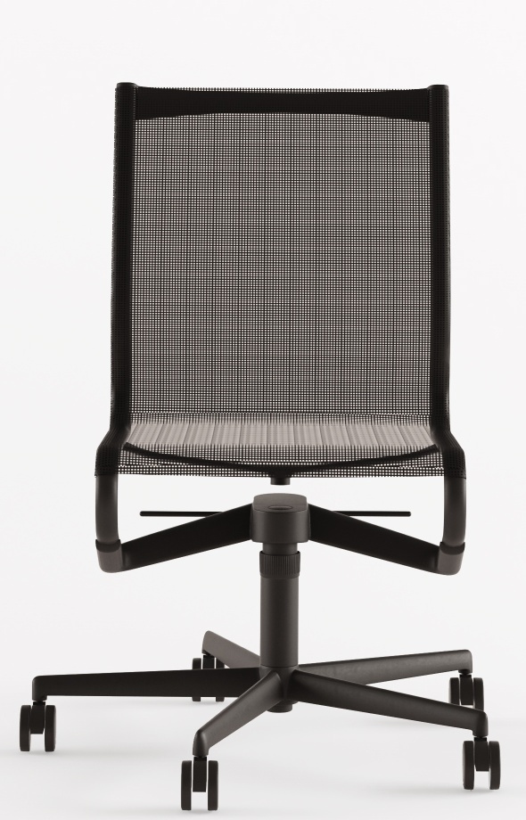 Schwarzer Rollingframe Drehstuhl mit Netzrückenlehne und Rollen, ideal für Büro und Homeoffice.