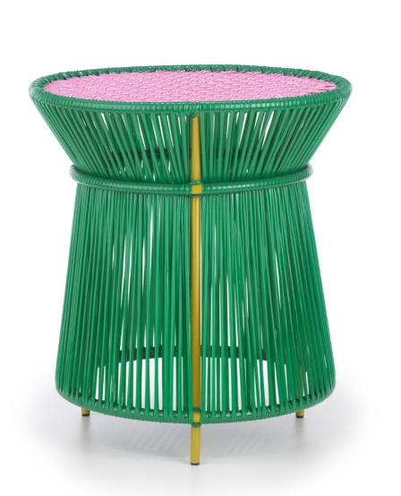 Caribe Beistelltisch Outdoor, smaragdgrün mit rosa Tischplatte und gelben Beinen. Gartenmöbel für Balkon und Terrasse.