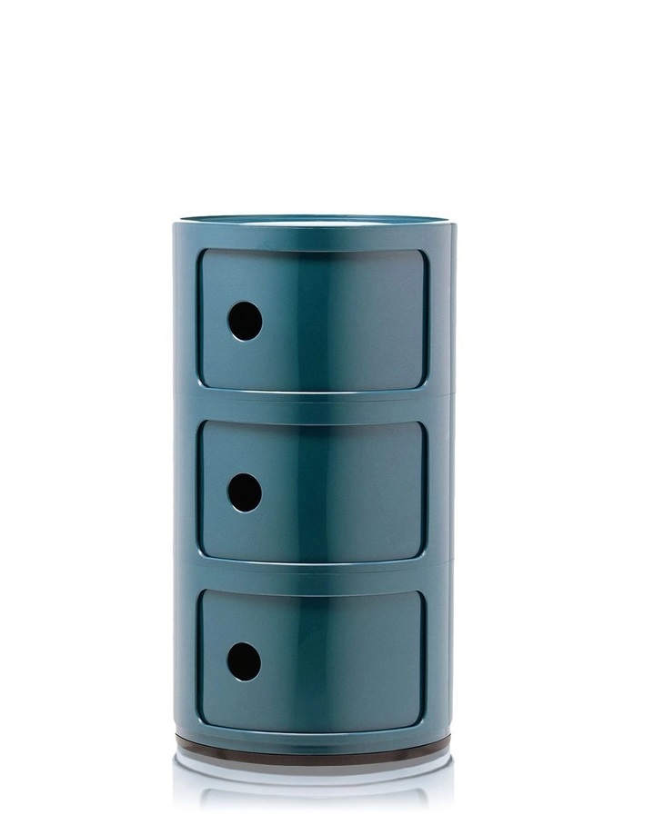 Blauer Componibili 3er Turm von Kartell, ein modulares Aufbewahrungsmöbel mit drei Fächern.