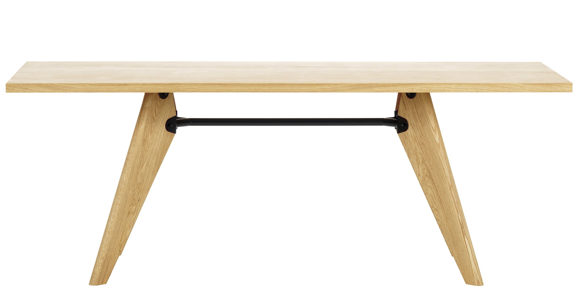 Vitra Table S.A.M. Bois Tisch mit hellem Holz und schwarzen Akzenten, Frontansicht.