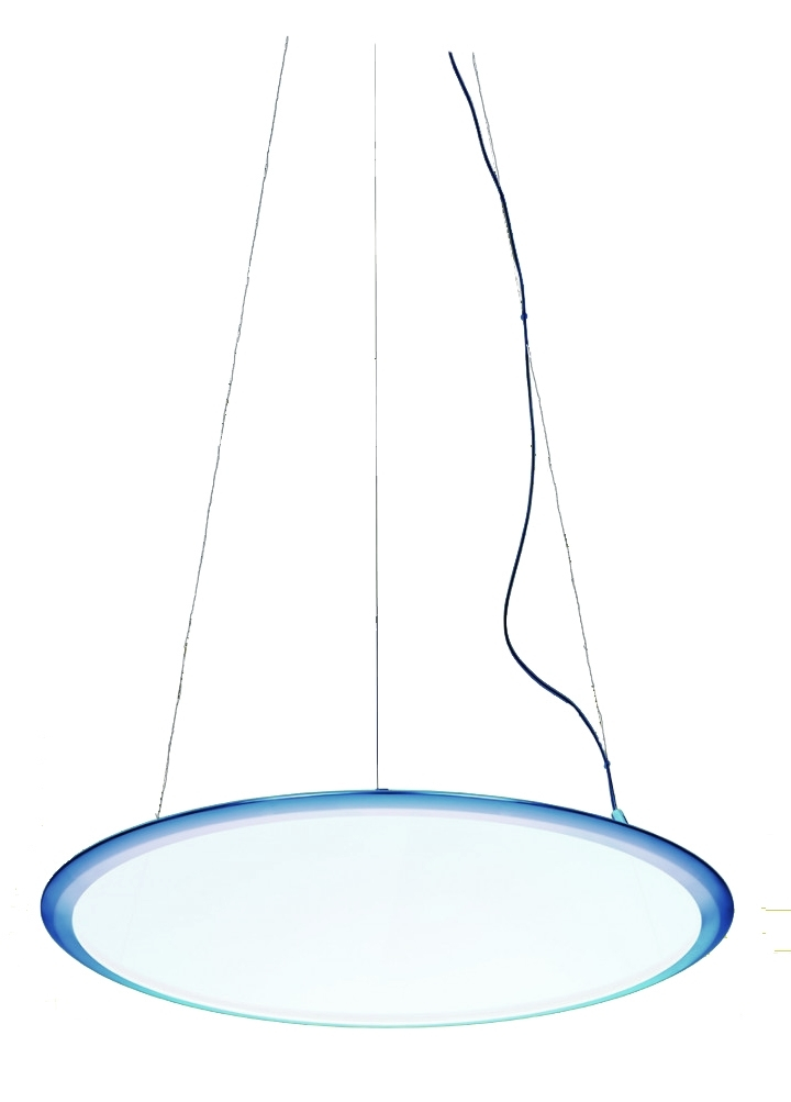 Discovery Pendelleuchte von Artemide: Runde Hängelampe aus Aluminium mit blauen Akzenten. Moderne Deckenleuchte.