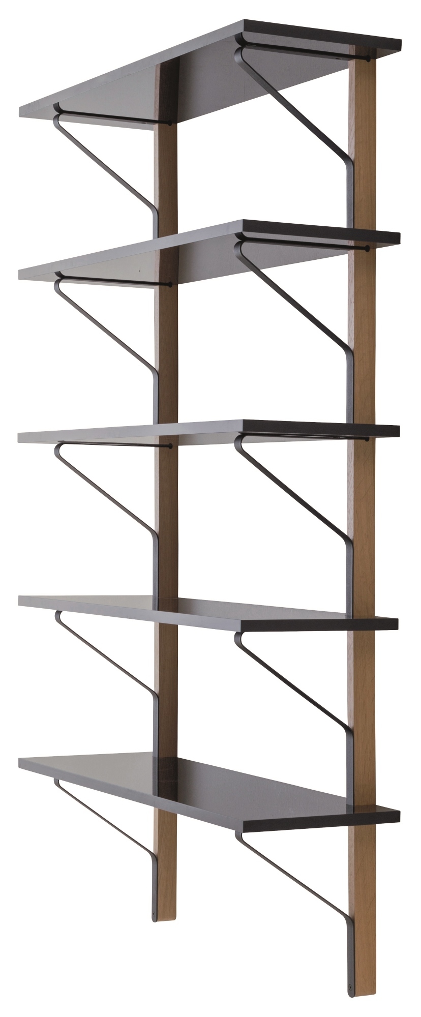 Artek Kaari Wandregal mit fünf schwarzen Regalböden und hellen Holzstreben. Modernes Design.