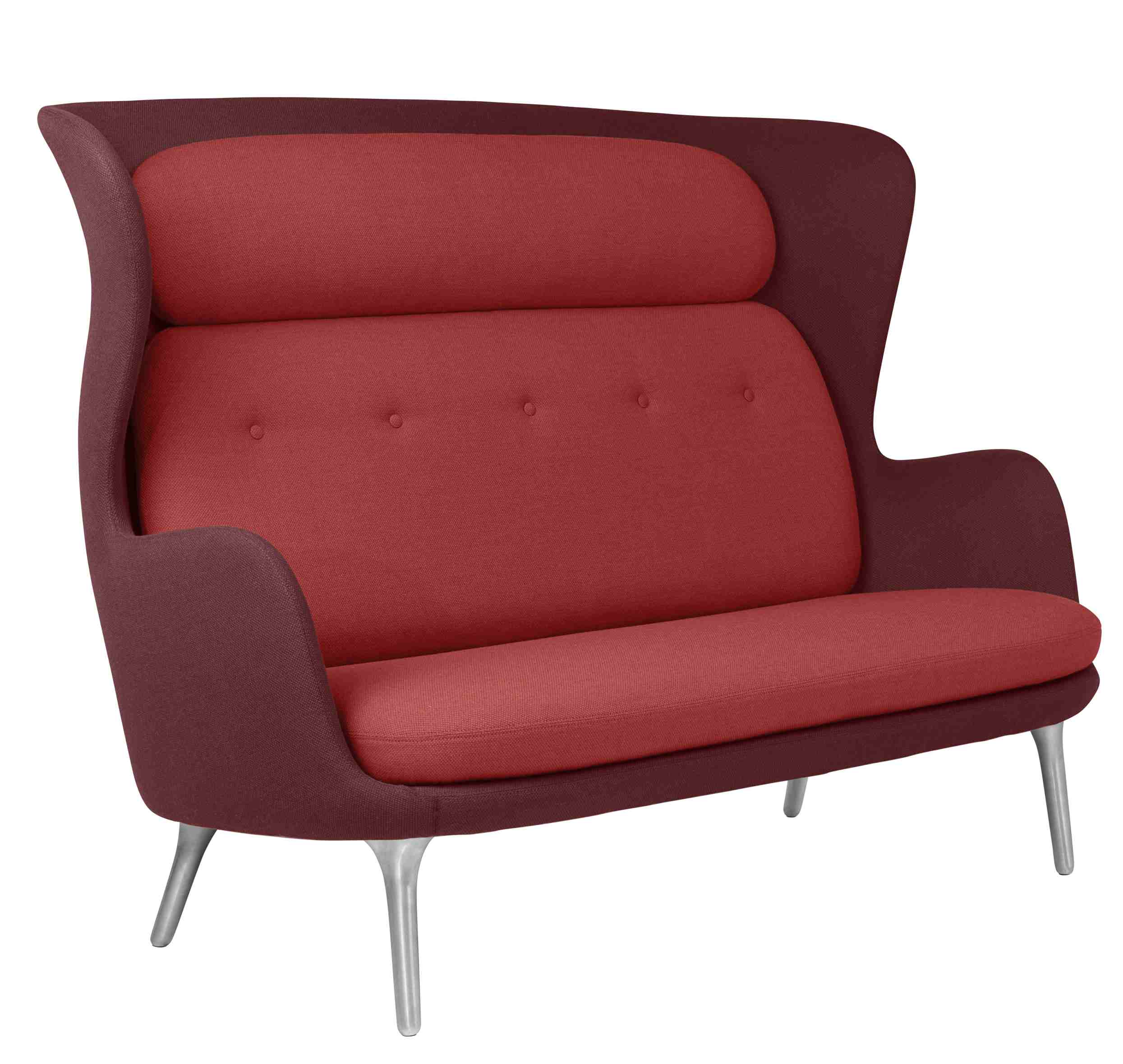 Burgunderrotes Ro 2-Sitzer Sofa von Fritz Hansen mit hohem Rücken und silbernen Beinen.
