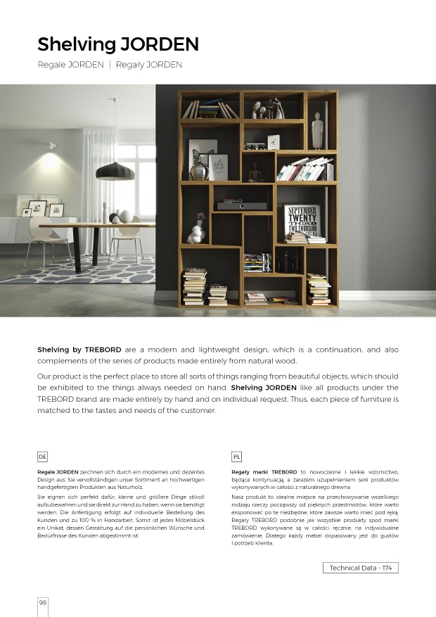 Jorden Regal Trebord aus Holz, modernes Bücherregal mit Fächern für Bücher und Dekoration.