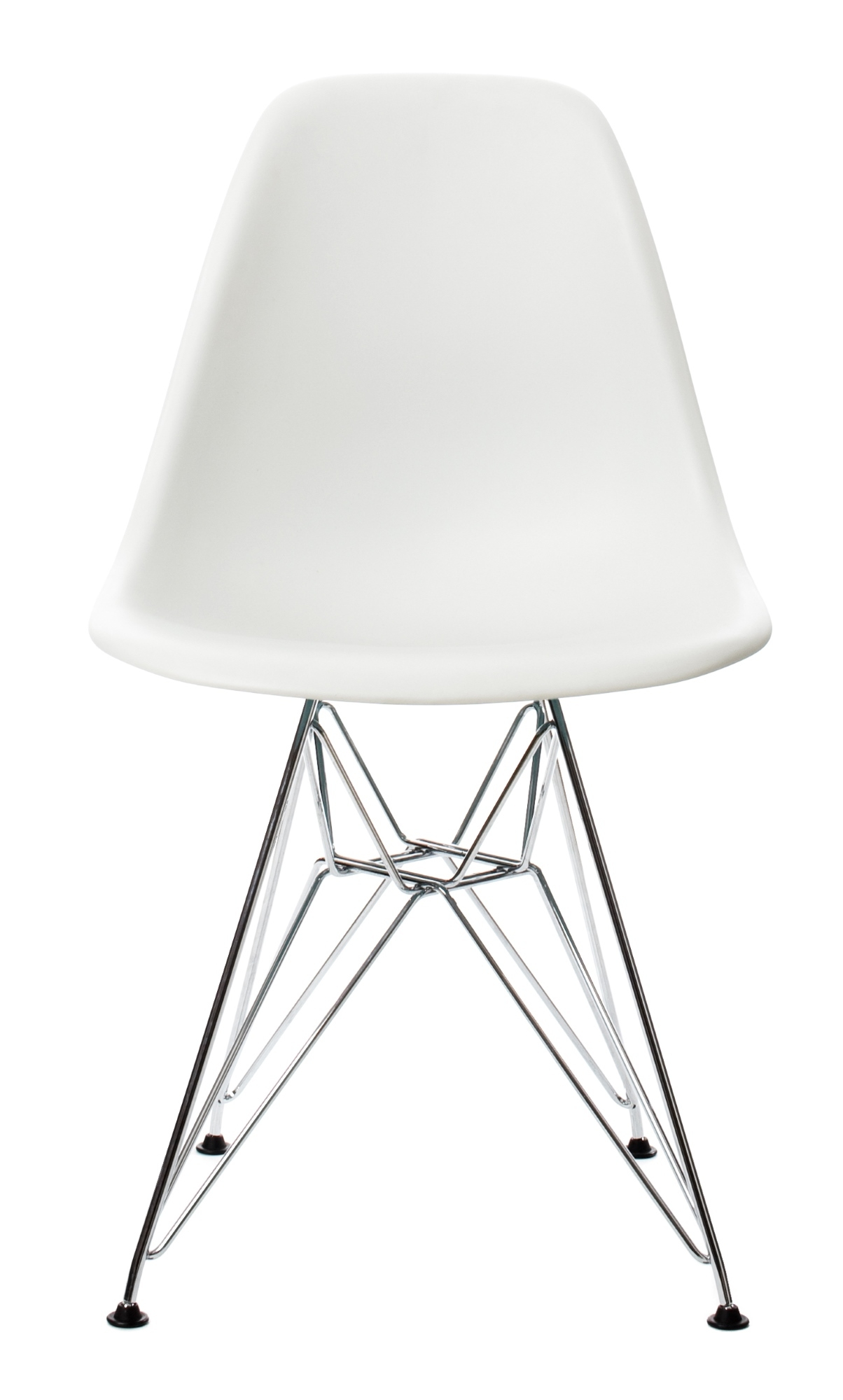 Weißer Eames Plastic Side Chair DSR Stuhl mit Chromgestell von Vitra, Ansicht von vorne.