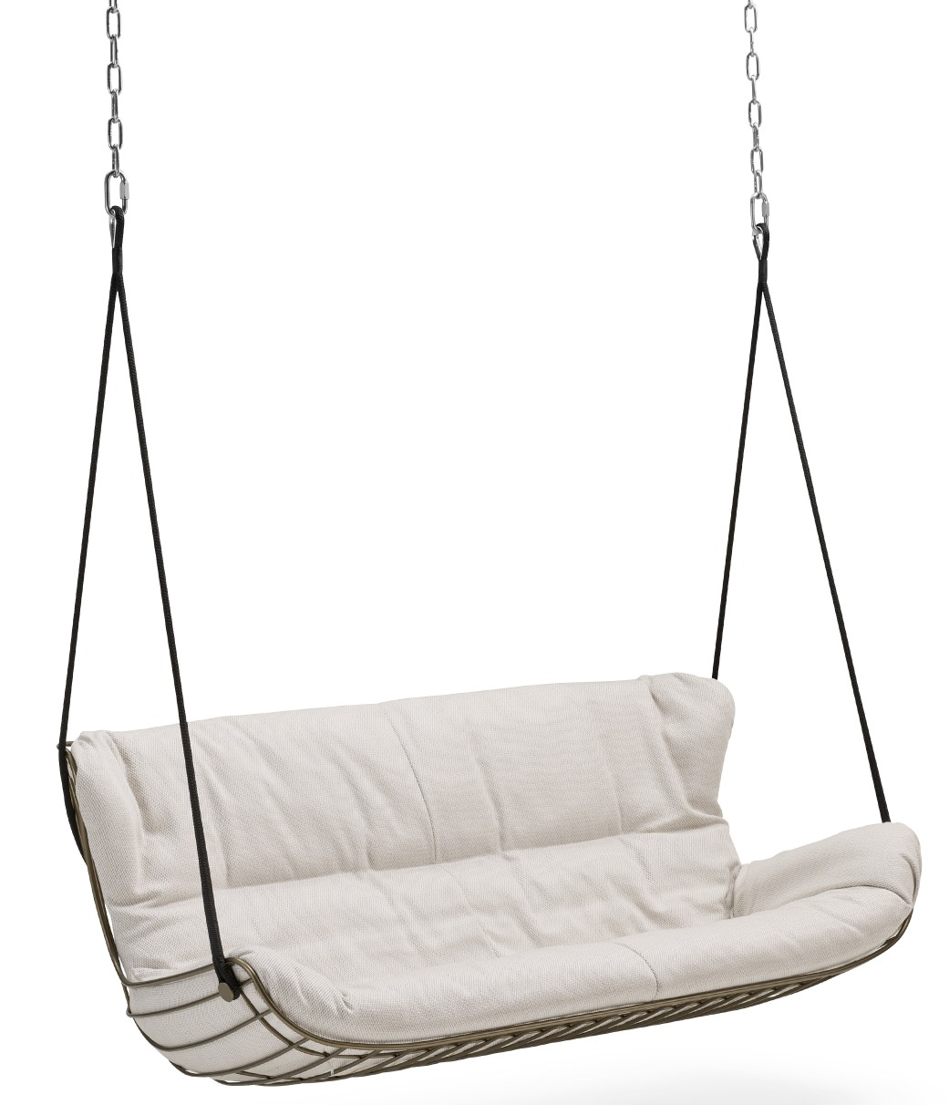 Leyasol Schaukelsofa: Hängendes Sofa für Innen und Außen mit bequemen, weißen Kissen.