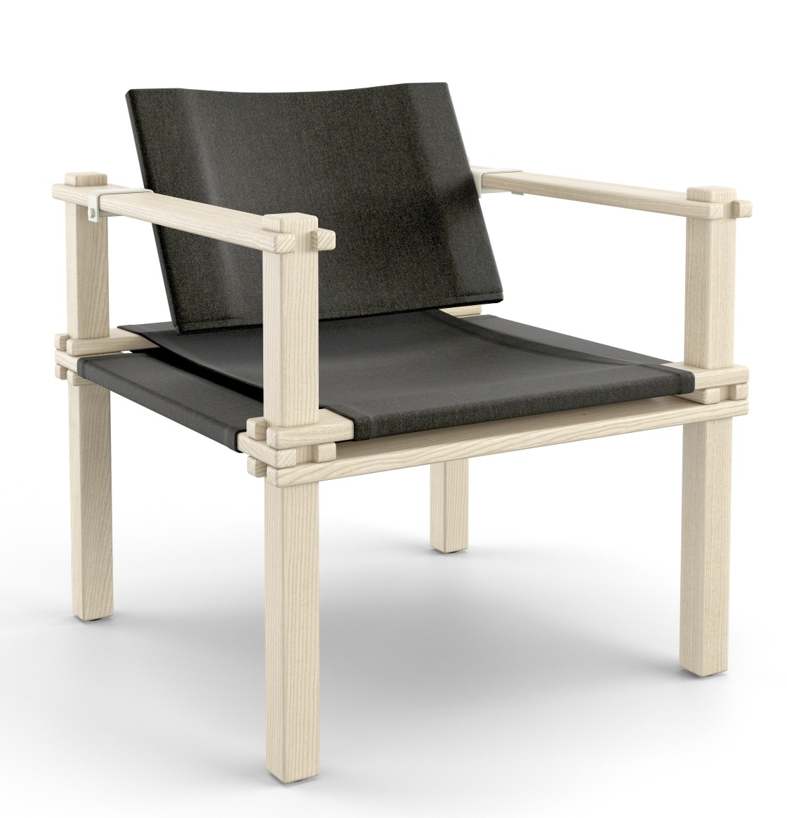 Farmer Sessel Outdoor: Moderner Gartensessel aus hellem Holz und dunklem Stoff für den Außenbereich.