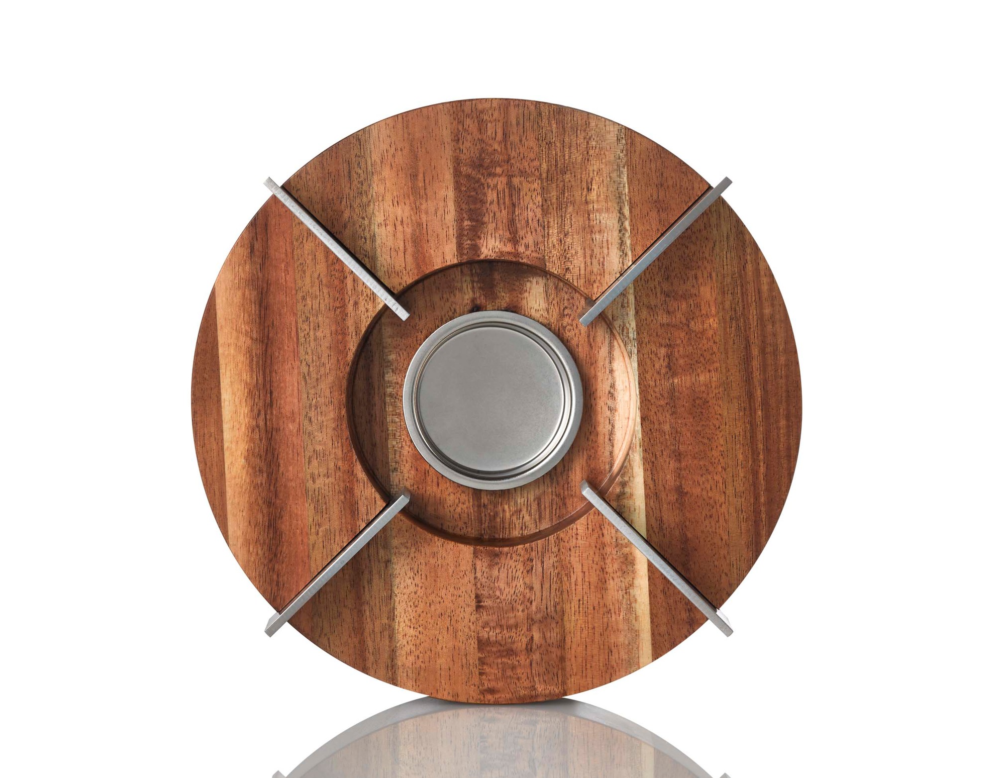 AdHoc Tuto Stövchen aus Akazienholz mit Teelichthalter und Edelstahlstäben für Speisenwärmer.