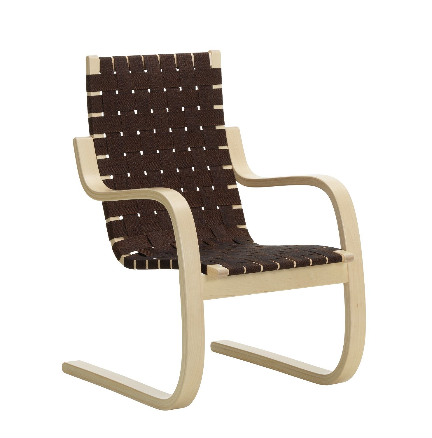 Armchair 406 Sessel Artek mit braunem Stoffgeflecht und hellem Holzgestell, modernes Möbeldesign.