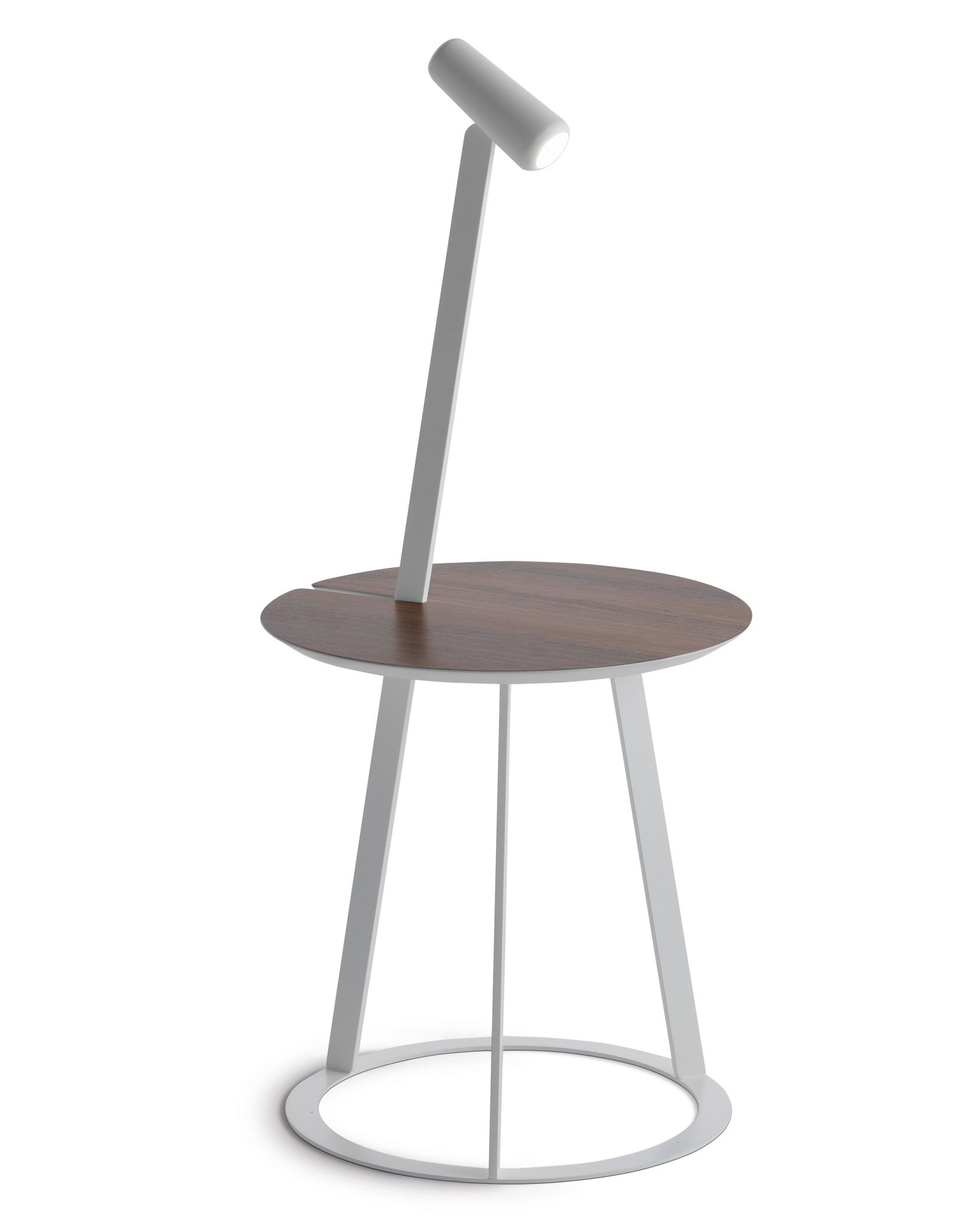 Albino Torcia Beistelltisch mit Walnussplatte und integrierter, weißer Lampe. Moderner Nachttisch für Schlafzimmer.